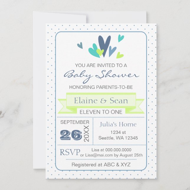 Blue and Lime Hearts Blue Boys baby shower invite (Front)