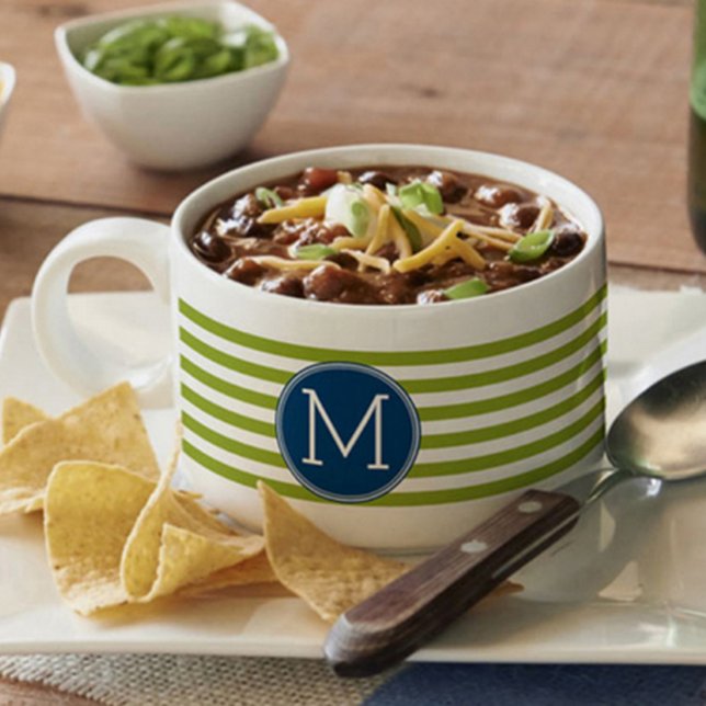 Blue and Lime Striped Pattern Green Monogram Bowl (Creator Uploaded)