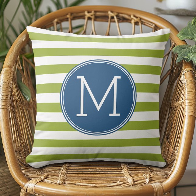 Blue and Lime Striped Pattern Green Monogram Throw Pillow (Custom Monogram Pillow)