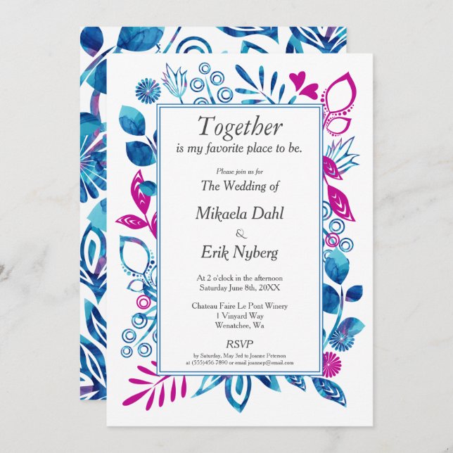 Blue and Magenta Pink Wedding Invitation (Front/Back)