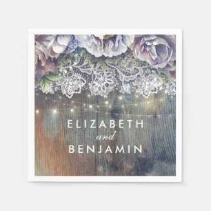 Blue and Maroon Flowers Rustic Lace Wedding Napkins