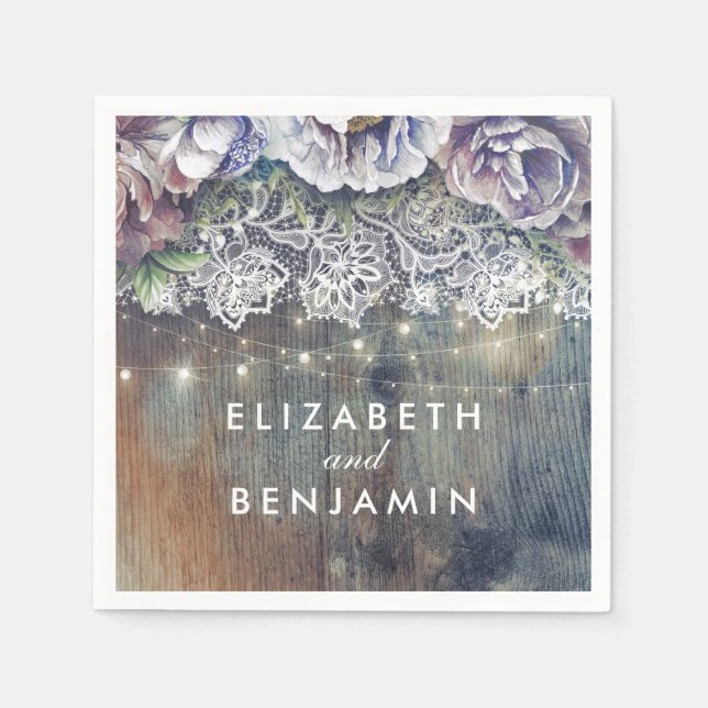 Blue and Maroon Flowers Rustic Lace Wedding Napkins (Front)