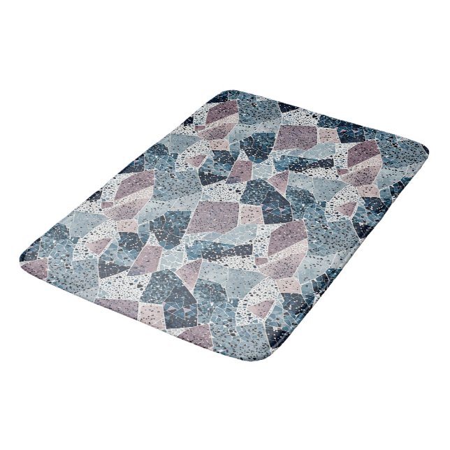 Blue and Mauve Abstract Terrazzo Design Bath Mat (Angled)