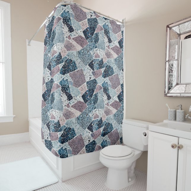 Blue and Mauve Abstract Terrazzo Design Shower Curtain (In Situ)