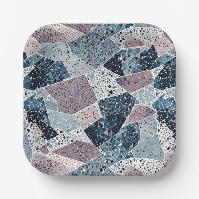Blue and Mauve Terrazzo Abstract Design Paper Plates (Front)