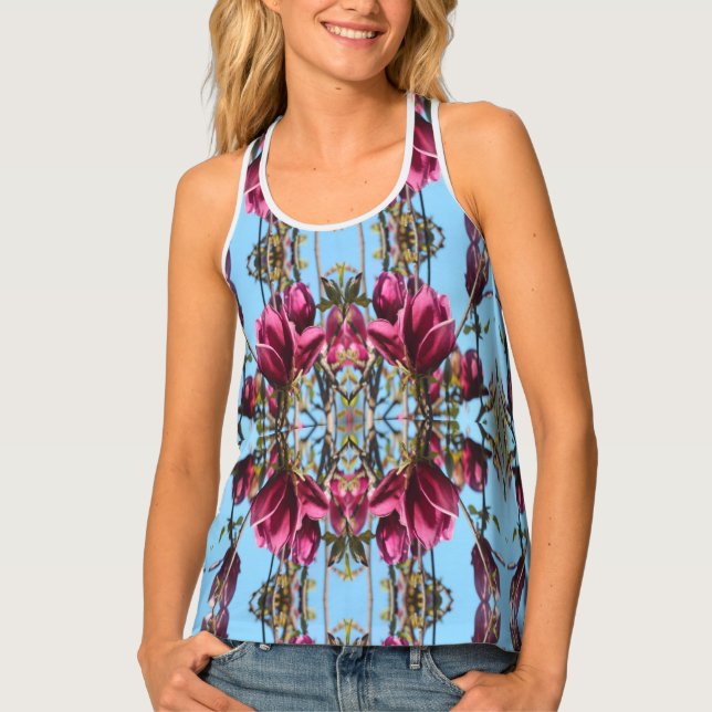 Blue and Mauve Tulip Magnolia Geo Pattern Tank Top (Front)