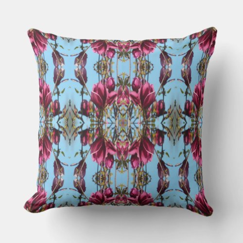 Blue and Mauve Tulip Magnolia Pattern Throw Pillow
