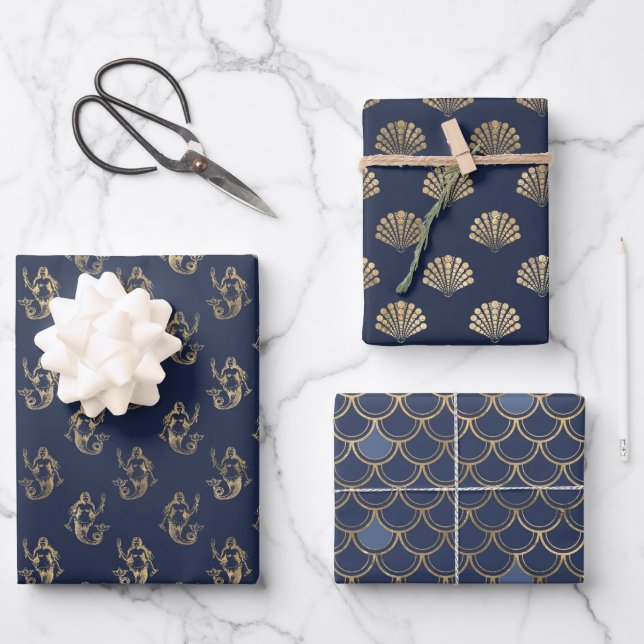 Blue and Metallic Gold Mermaid Theme Gifts Favor Wrapping Paper Sheets (Front)