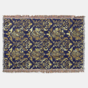Blue And Metallic Gold Vintage Floral Damasks Throw Blanket