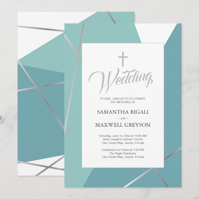 Blue and Mint Green Christian Wedding Invitation (Front/Back)