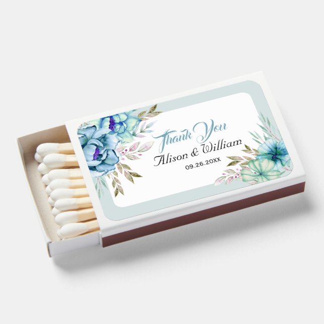 Blue and mint green watercolor flowers wedding matchboxes (Front Open)
