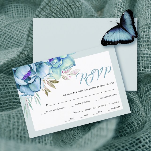 Blue and mint green watercolor flowers wedding RSVP card (Creator Uploaded)