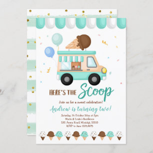 Blue and Mint Ice cream truck birthday party Invitation