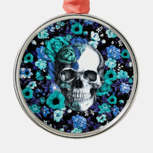 Blue and mint retro floral skull metal ornament