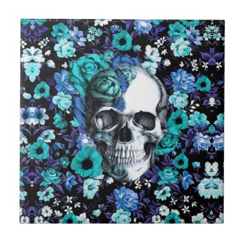 Blue And Mint Retro Floral Skull Tile by KPattersonDesign at Zazzle
