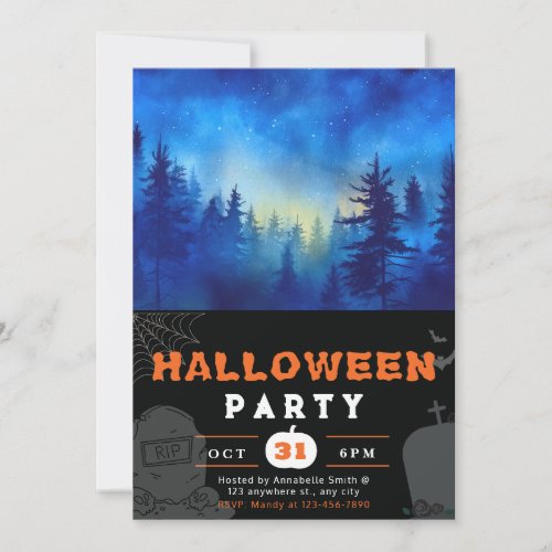 Blue and Moonlit Forest Black Halloween Invitation