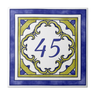 Blue and Mustard Green Big House Number Ceramic Tile