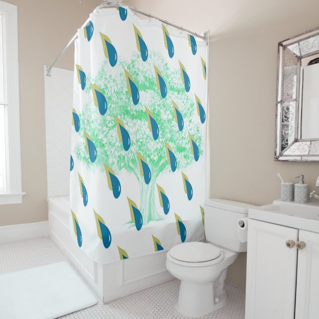 Blue and Muted-Yellow Rain Showers Shower Curtain (In Situ)