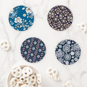Blue and Navy Boho Floral Fabric Coaster Set