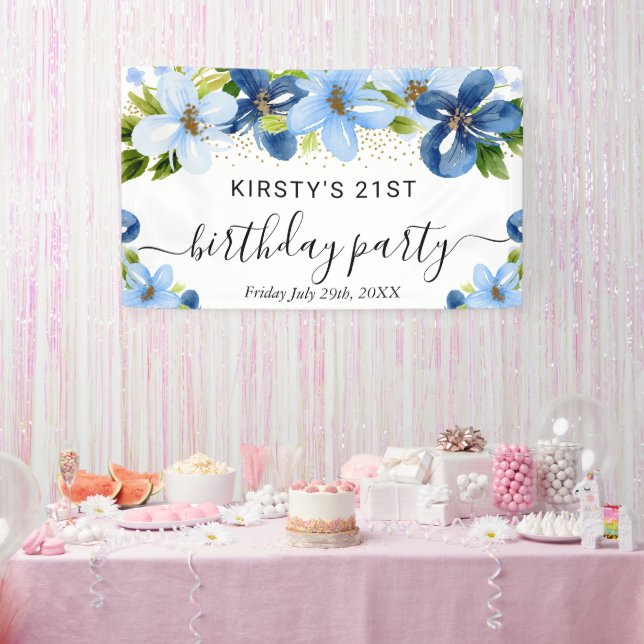 Blue and Navy Boho Flowers Birthday Welcome Banner (Party)