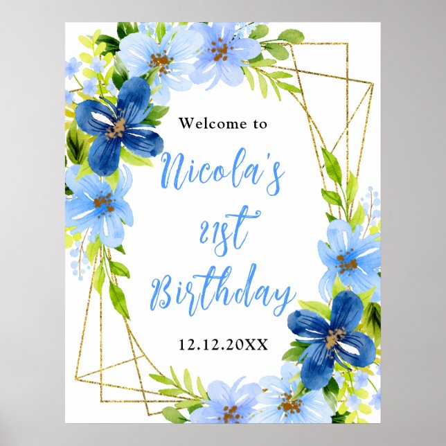 Blue and Navy Flowers Birthday Welcome Poster (Front)