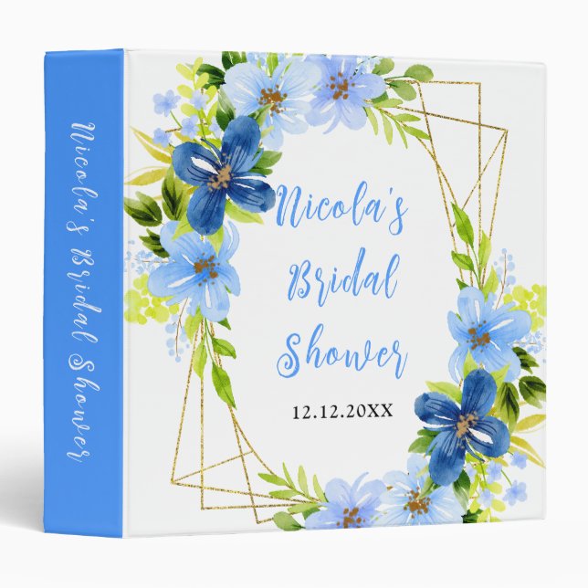 Blue and Navy Flowers Bridal Shower Photo Album 3 Ring Binder (Front/Spine)