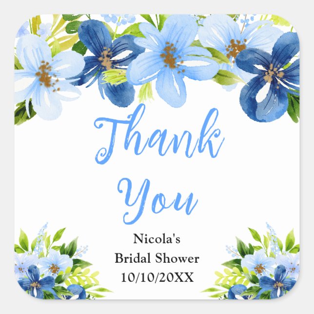 Blue and Navy Flowers Bridal Shower Thank You Square Sticker (Front)