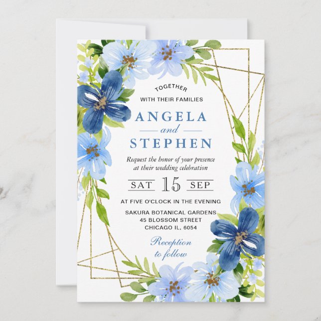 Blue and Navy Flowers Gold Frame Wedding Invitation (Front)