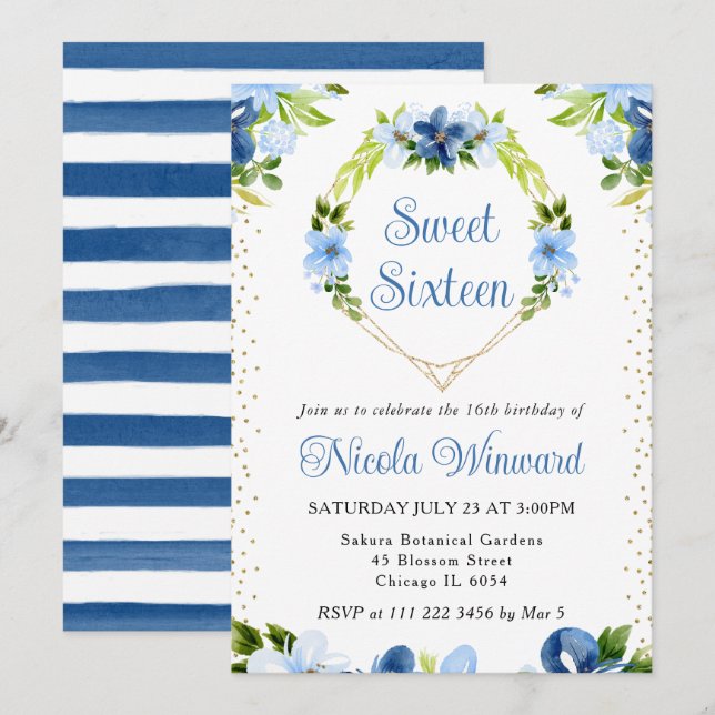 Blue and Navy Flowers Heart Wreath Sweet 16 Invitation (Front/Back)