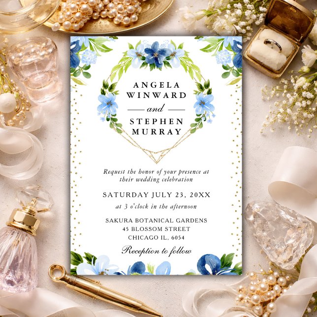 Blue and Navy Flowers Heart Wreath Wedding Invitation (Creator Uploaded)