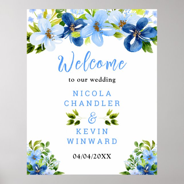 Blue and Navy Flowers Wedding Welcome Sign (Front)