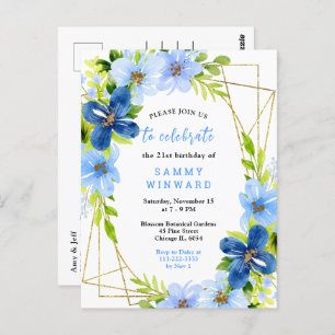 Blue and Navy Flowers with Foliage Birthday Party Postcard