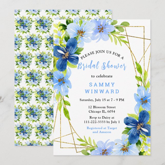Blue and Navy Flowers with Foliage Bridal Shower Invitation (Front/Back)