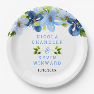 Blue and Navy Flowers with Foliage Paper Plates