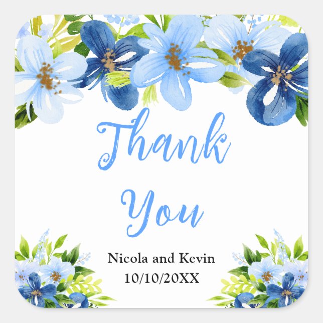 Blue and Navy Flowers with Foliage  Square Sticker (Front)