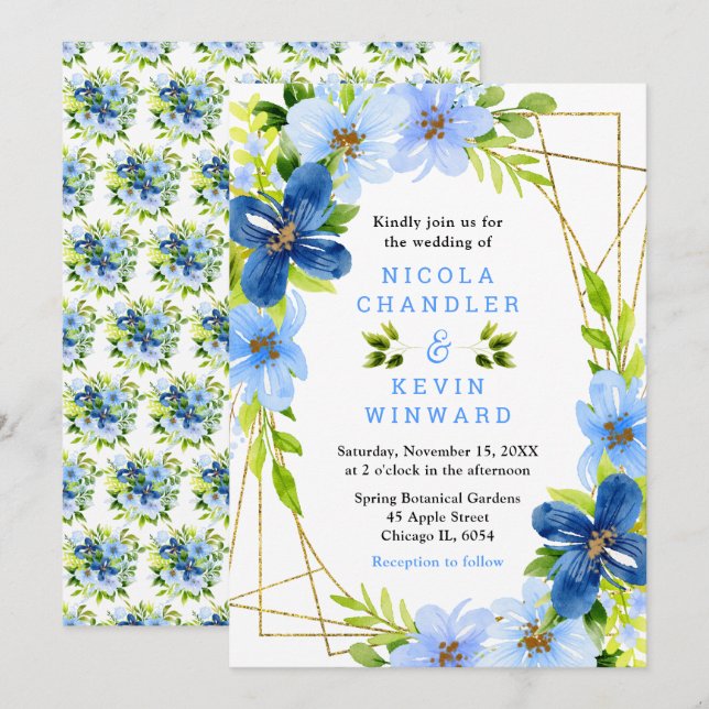 Blue and Navy Flowers with Foliage Wedding Invitation (Front/Back)