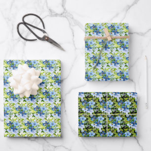 Blue and Navy Flowers with Foliage  Wrapping Paper Sheets