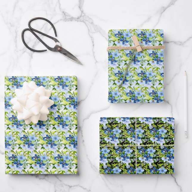 Blue and Navy Flowers with Foliage  Wrapping Paper Sheets (Front)