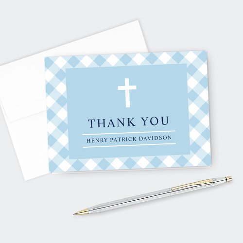 Blue and Navy Gingham Plaid Boy First Communion Thank You Card