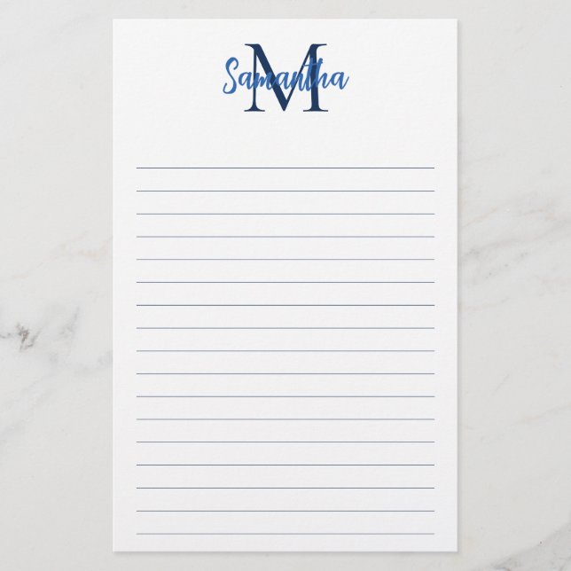 Blue and Navy Lined Minimalist Monogram Stationery (Front)