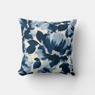 Blue and Navy painterly flower pattern Throw Pillow