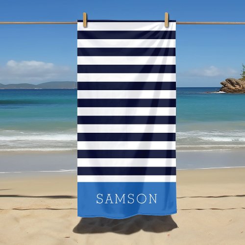 Blue and Navy Stripes Monogram Beach Towel