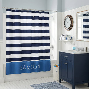 Blue and Navy Stripes Monogram Shower Curtain