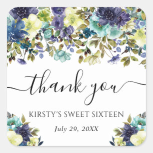 Blue and Navy Summer Flower Sweet 16 Square Sticker