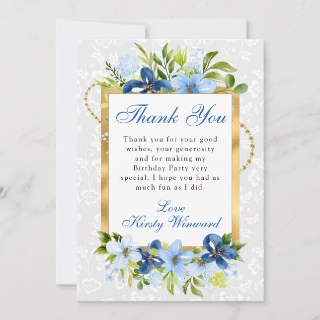 Blue and Navy Summer Flowers Gold Birthday Thank You Card (Front)