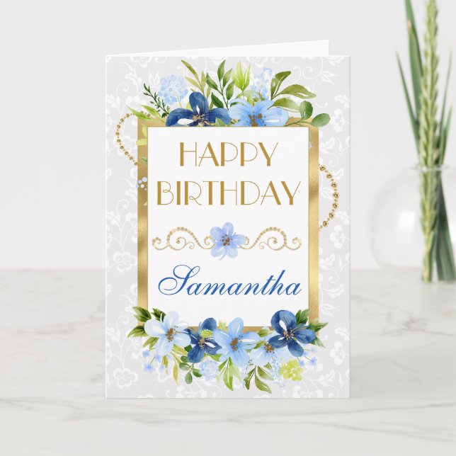 Blue and Navy Summer Flowers Gold Foil Birthday Card (Front)