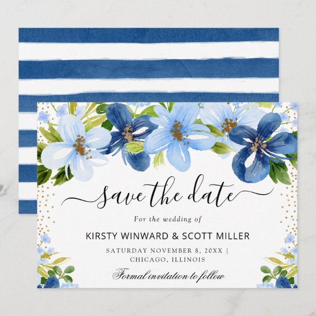 Blue and Navy Summer Flowers Wedding Save The Date (Front/Back)