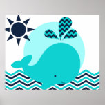 Blue And Navy Whale Nursery Poster at Zazzle