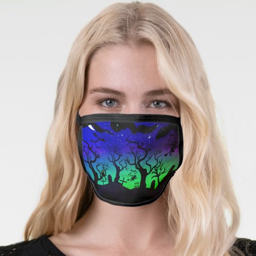 Blue and neon green graveyard scene Halloween Face Mask