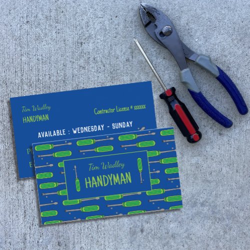 Blue and Neon Green Handyman Business Cards